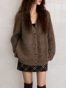 Women's Autumn Casual Minimalist Slouchy New Yarn Loose V-Neck Knit Cardigan Jacket Fall - Coffee Brown - View 1