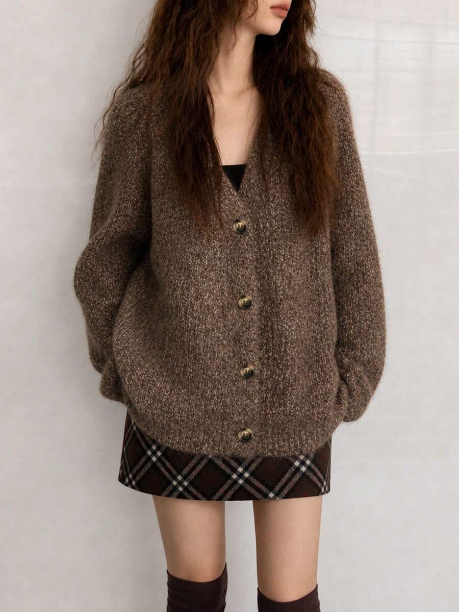 Women's Autumn Casual Minimalist Slouchy New Yarn Loose V-Neck Knit Cardigan Jacket Fall - Coffee Brown - View 1