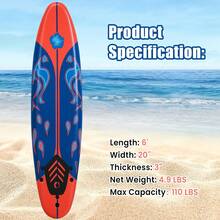 6' Surfboard, Surfing Board With 3 Removable Fins, Safety Leash, EPS Core & EPE Deck, Lightweight Surf Board For Teenagers, Adults, Beginners - Blue - View 6