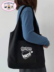 Fashionable Minimalist Versatile Cartoon Print Canvas Bag - Black - View 3