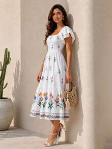 White French Elegant Floral Print Square Neck Ruffle Sleeve Tiered Midi Dress, Modest High Waist A Line Vacation Beach Summer Long Dress For Women - White - View 8