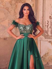 Elegant Green Off-Shoulder Sequin Beaded Long Ball Gown, Asymmetrical Flared Hem, Perfect Party Formal Evening Dress - Dark Green - View 9