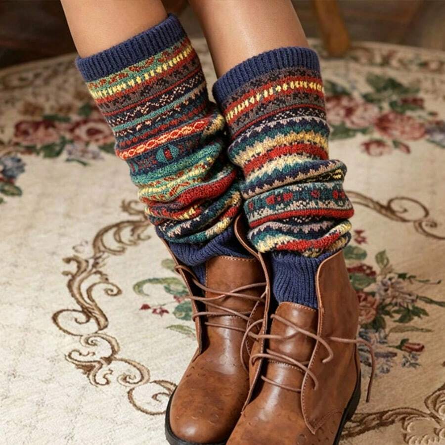 Autumn/Winter Thickened Wool Warm Vintage Color Block Layered Bohemian Knee-High Leg Warmers - Navy Blue - View 1