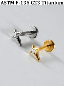1PC Elegant G23 Solid Titanium Cross Star Waterdrop CZ Flat Labret 16G Internal Threaded Lip Nose Ear Cartilage Conch Piercing Lobe Earring Decoration - Titanium Color - View 4