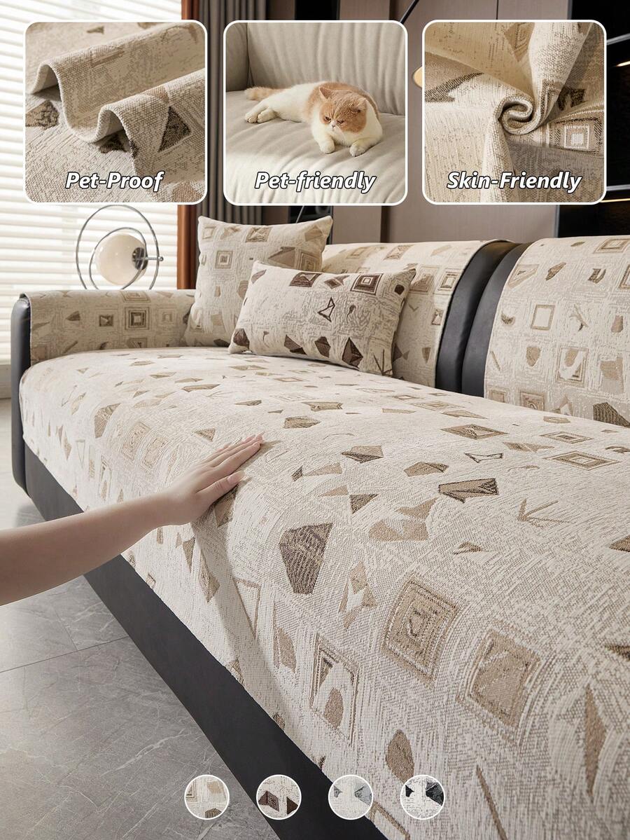 1pc Anti-Claw Scratch Retro Graphic Couch Pad, Breathable Textured Sofa Slipcover, Durable Furniture Protector For Families With Pets & Kids - Khaki - View 1