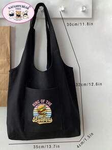 Fashionable Minimalist Versatile Cartoon Print Canvas Bag - Black - View 3