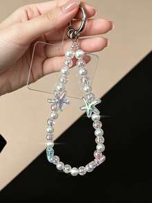 Y2K Mermaidcore Starfish Beaded Phone Charm Strap, Pink Iridescent Crystal Pearl Phone Lanyard, Cute Beach Aesthetic Wristlet - Multicolor - View 2