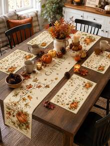 Plant Pumpkin Vine Patterned Table Flag Set, Minimalist Linen Rectangular Placemat Set For Home Use, Kitchen Table Protection Mat, Autumn Festival Party Table Accessories, Autumn Home Decoration Supplies. - Multicolor - View 4