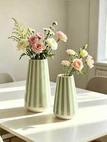 極簡風綠白條紋花瓶，適合居家使用 - 1PC - 查看 1