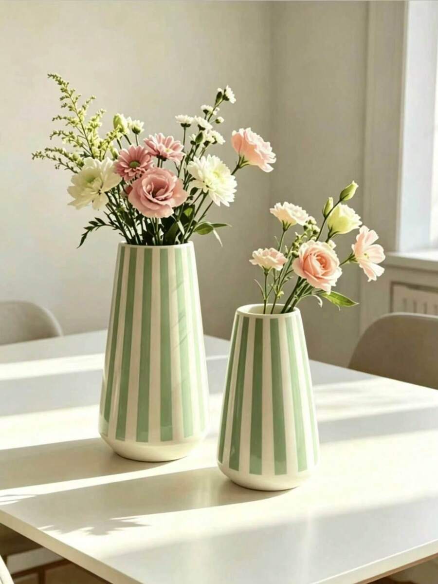極簡風綠白條紋花瓶,適合居家使用 - 1PC - 查看 1