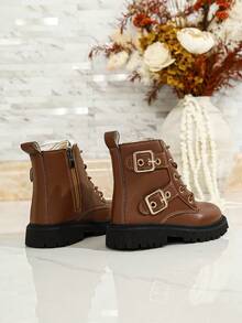 Girls' Double Buckle Boots, Autumn/Winter British Style Children's Side Zipper Ankle Boots, Thick Sole Non-Slip Fashion Casual Boots - Brown - View 5