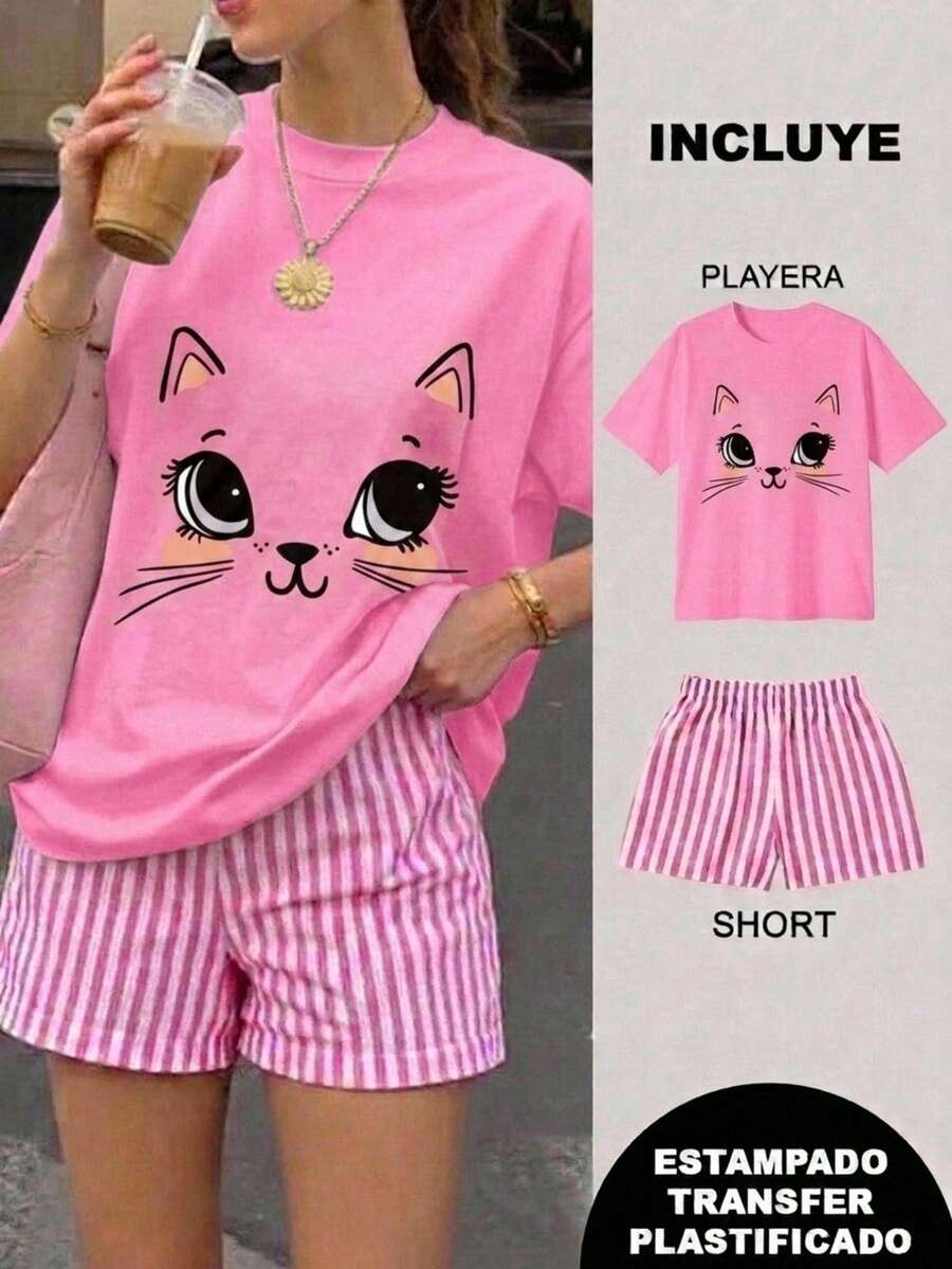 Women Two-Piece Outfits - 2 Playera Rosa con Short Rayas Rosa con Blanco - View 1