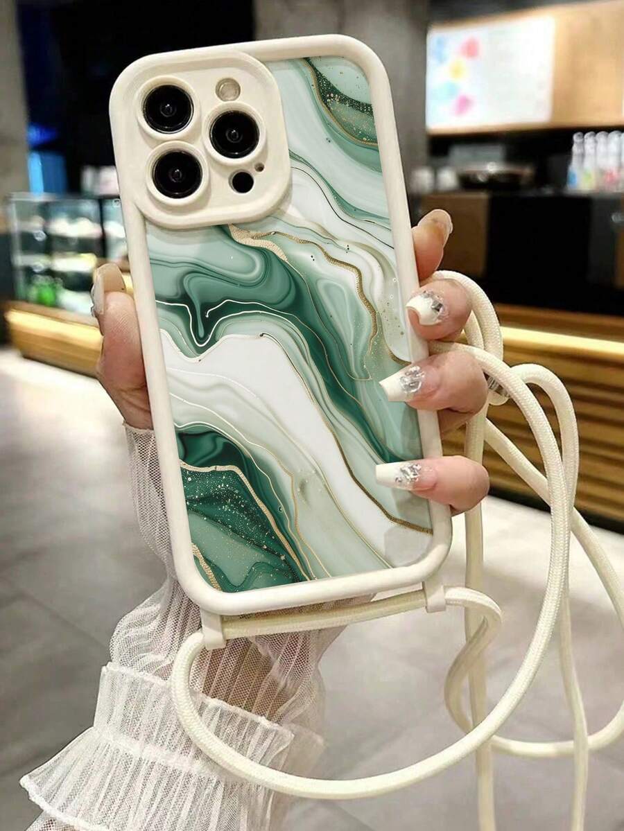 大理石紋彩繪新款高級溝槽親膚厚實防摔軟手機殼,附手工編織腕帶、手提包與斜跨肩帶,適用 16/16 Pro/16 Pro Max/16 Plus/15 Pro Max/7/8/13/14/XS、P11/P12,時尚個性化女性保護殼 - 彩色 - 查看 1
