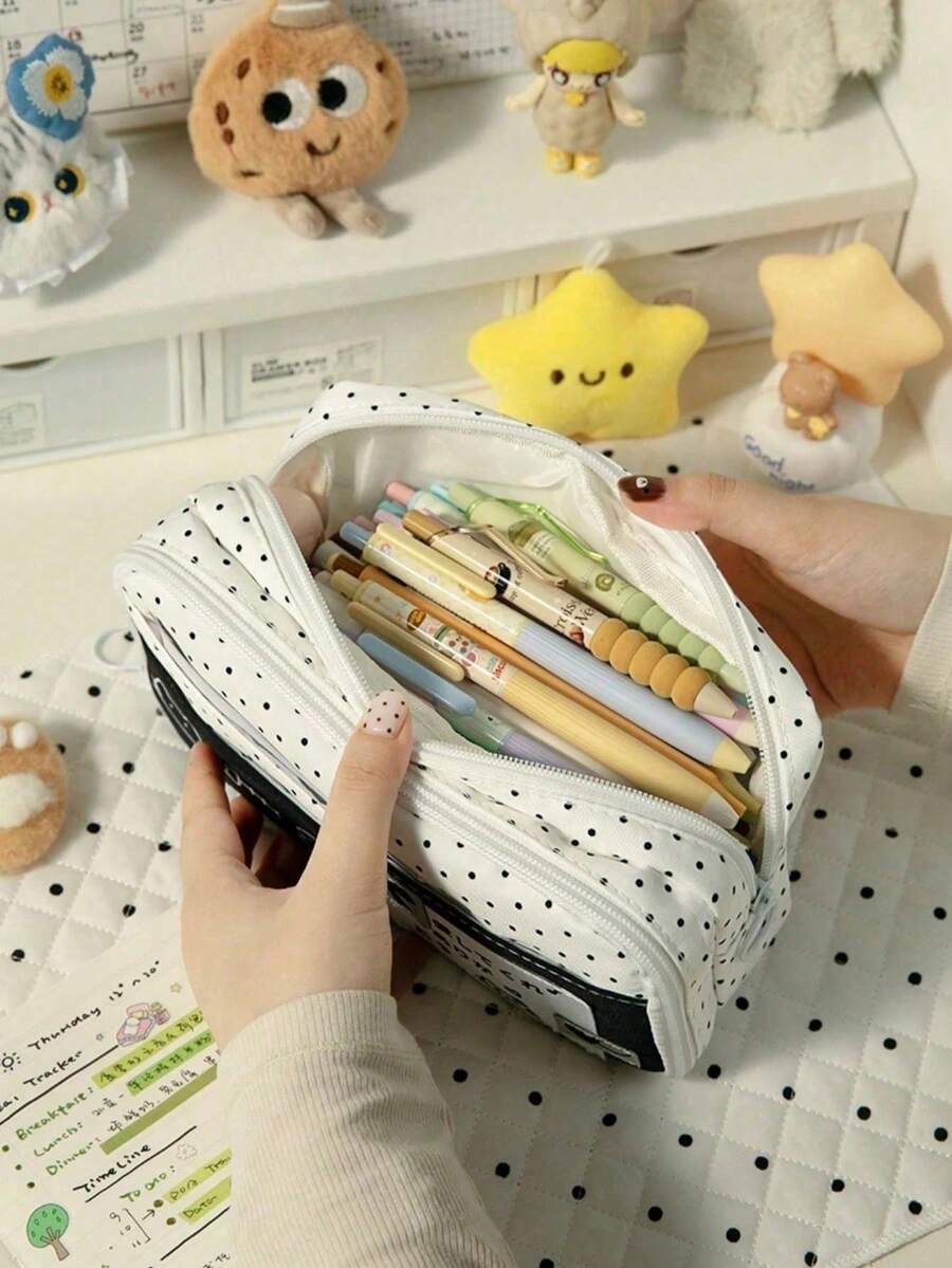 1pc Polka Dot Cat Print Pencil Case, Multi-Compartment Design For Organized Storage Of Writing Tools And Small Items, Sturdy Shape Resistant To Deformation, Front Pocket For Easy Access To Notes And Cards, Fresh And Stylish Polka Dot Patchwork Design, Stationery Storage, Small Item Organization, Back To School Recommendation, Christmas Gift, Halloween Gift, Thanksgiving Gift - A - View 1