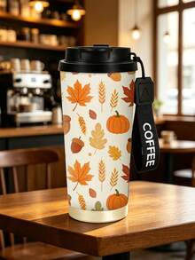 1pc/5pcs 500ml Thanksgiving Autumn Harvest Pattern Insulated Coffee Cup, With Carrying Strap, Reusable Travel Insulated Coffee Cup, Fashionable Drinking Cup, For Iced Coffee, Birthday Holiday Gift For Boyfriend, Pumpkin Maple Leaf Print, Couple Water Cup Suitable For Camping, Road Trips And Holiday Gifts - Multicolor - View 6