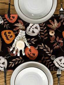 1pc Holiday Linen Table Runner: Pumpkin Lantern Leaf Black Halloween Table Runner - Perfect For Home Party Decoration - Black - View 4