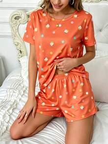 Orange Cartoon Print 2 Pieces Pajama Set For Women - Orange - View 4