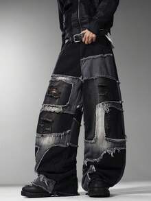 Men's Hong Kong Retro Patchwork Jeans, Ripped Wide Leg Loose Denim Pants, Street Fashion Long Trousers (No Belt/Accessories Included) - Black - View 8