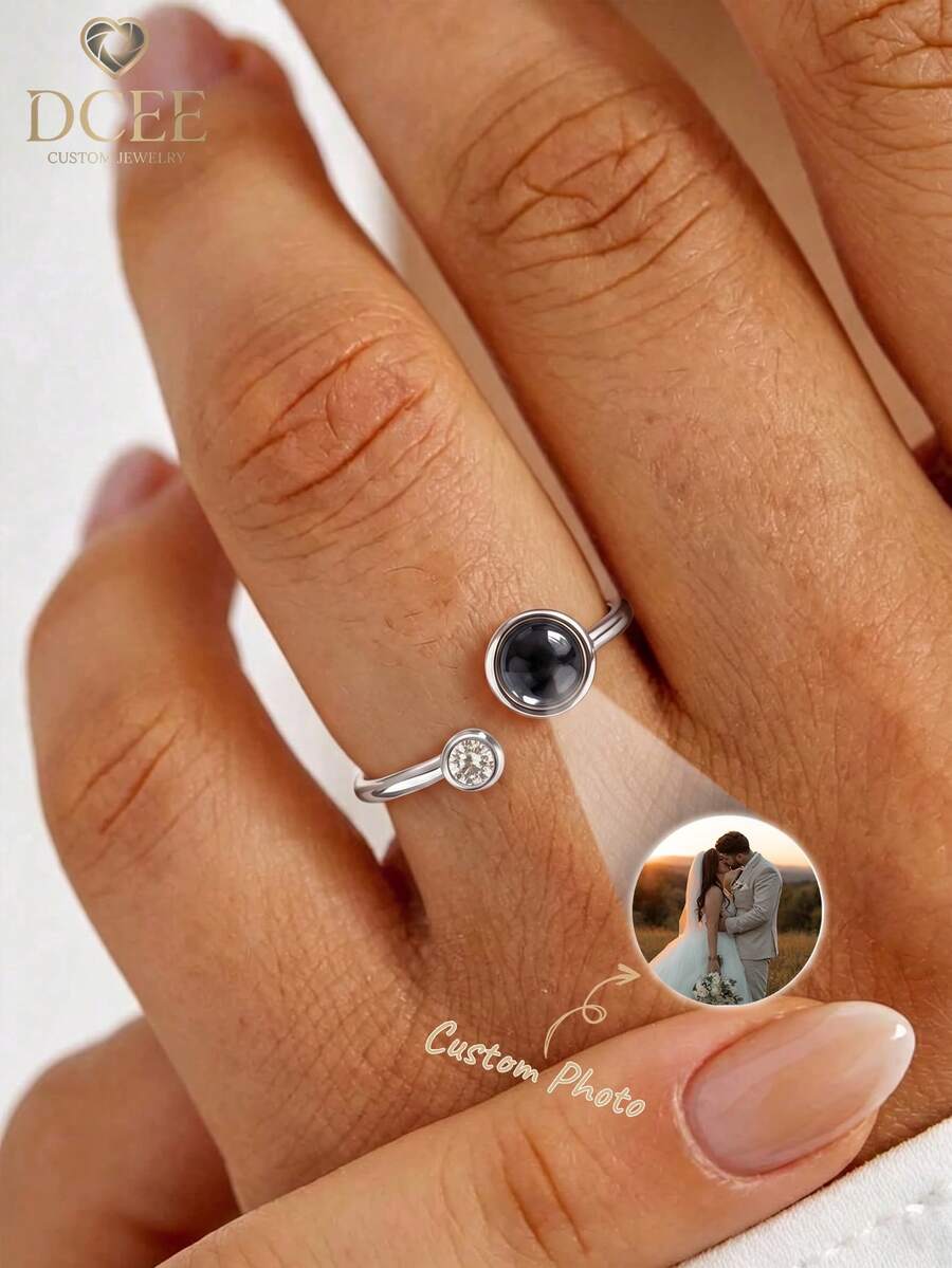 Customized Women's Projection Ring, Personalized Photo Projection Ring, Minimalist Sparkling Zirconia Photo Projection Ring, Adjustable Women's Ring, Bridesmaid Jewelry, Wedding Commemorative Ring, Adjustable Open Girlfriend Gift Ring