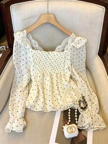 Polka Dot Bell Sleeve Chiffon Blouse French Style Women Top - White - View 3