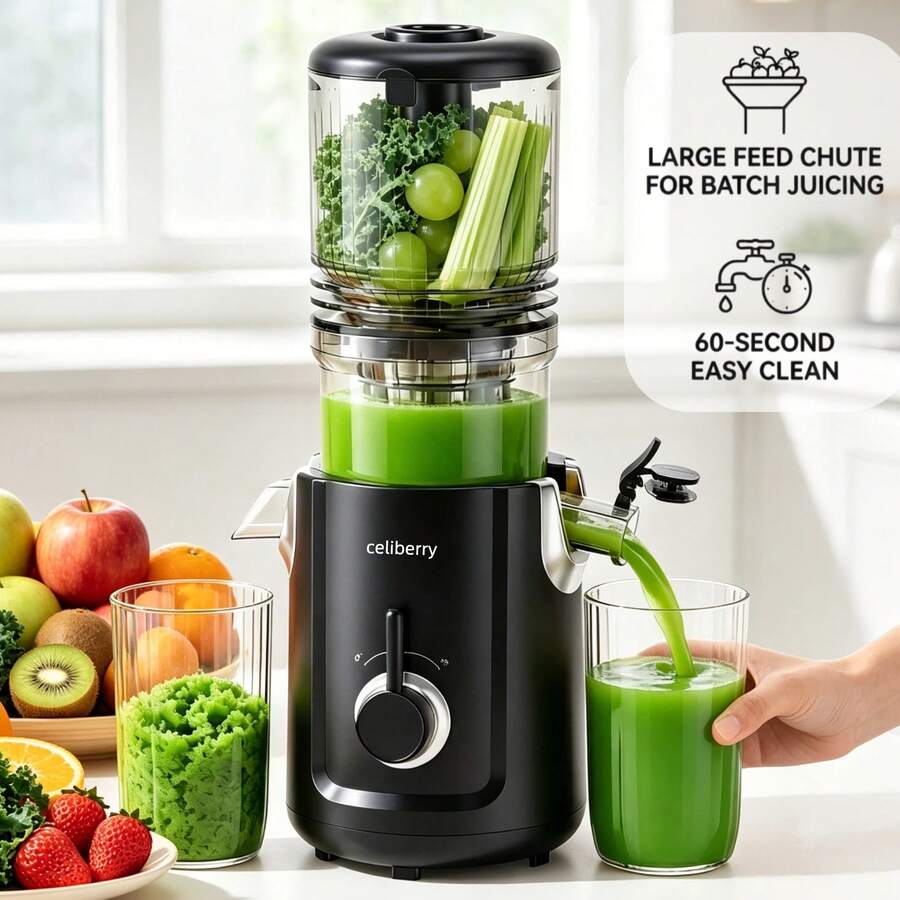 celiberry Cold Press Juicer Machines, Slow Masticating Juicer With Large Feed Chute For Whole Fruits & Vegetables, Easy To Clean, 300W Multi-Function Blender For Kitchen, 99% High Juice Yield, Quiet Juicer Extractor,  Anti-Clog, Idea Gifts For Holiday