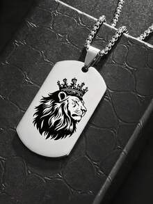 1 Piece Of Vintage Crown Lion Silhouette Dog Tag Necklace For Men, Stainless Steel Engraved Pendant Jewelry. - Silver - View 3