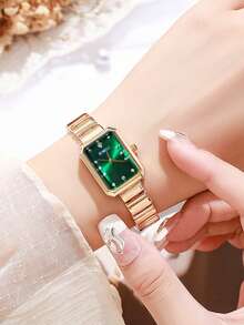 JUSMI Elegant Green Square Watch With Gold Steel Band And Rhinestone Dial, Birthday, Valentine's Day, Anniversary Gift For Her - Green - View 3