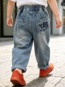 Young Boy Casual Fashion Street Style Daily Commute Versatile Elastic Waist Letter Print Washed Tapered Leg Jeans - Baby Blue - View 7