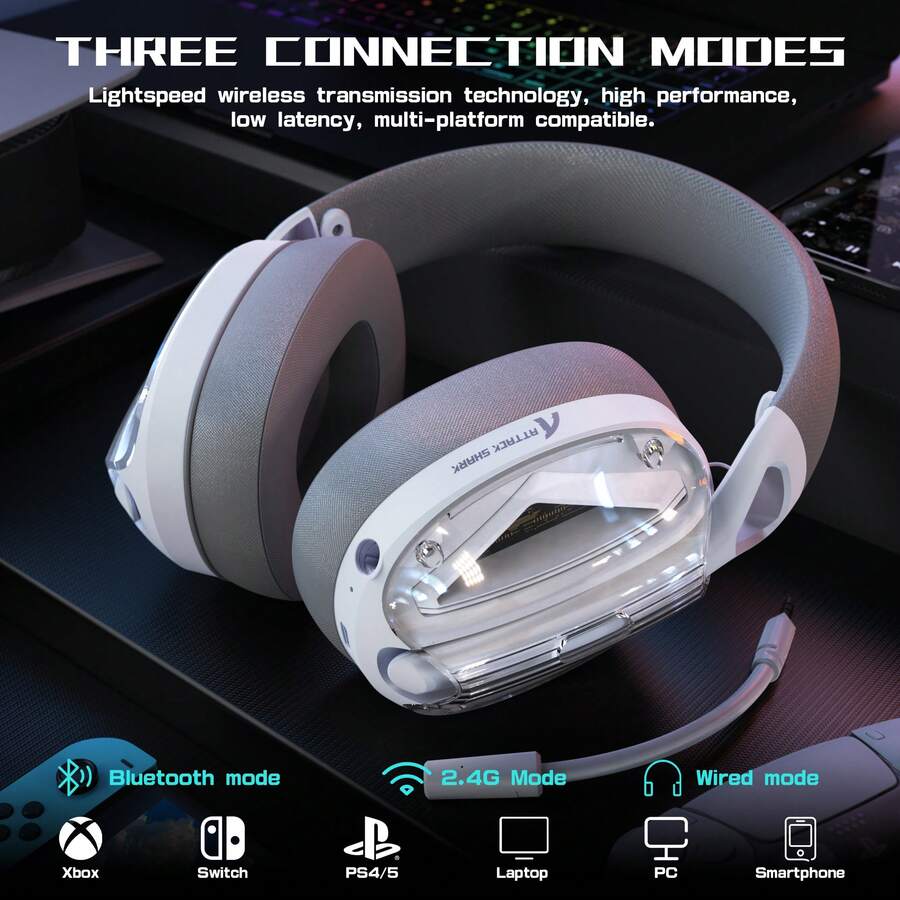 ATTACK SHARK Headset Gaming Nirkabel Over-Ear L60, Driver 40mm, Mikrofon Peredam Kebisingan yang Dapat Dilepas, Bantalan Telinga Busa Memori, Headset Komputer USB 3 Mode dengan Suara Surround 5.1 untuk PC/Mac/PS4/PS5 - View 1