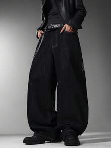 Skyrend Men Gothic Wide Leg Jeans, American Streetwear Denim Pants, Retro Embroidered Grunge Baggy Jeans For All Season Daily Commute, No Belt Halloween - Black - View 9