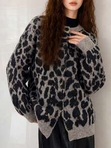 Cardigan Rajut Longgar Gaya Jalanan Kasual Wanita Motif Leopard untuk Liburan - Coffee Brown - View 3