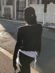 V-Neck Tie-Up Knit Cardigan For Women, Lightweight Loose Casual Short Jacket For Summer Black - Black - View 7