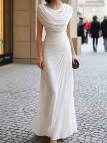 Vestido de fiesta elegante con pliegues y escote drapeado novedad 2026, diseño versátil para look informal y eventos - Blanco - Ver 7