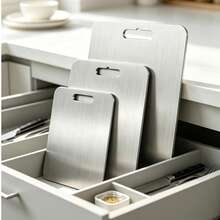 Ultra-Thin Stainless Steel Cutting Board 3 Pieces Set, Includes Large, Medium And Small Sizes, Easily Stored In Kitchen Drawer. Stainless Steel Material, Durable And Resistant To Cracking And Mold, Built-In Hanging Hole For Ventilation When Not In Use. Suitable For Preparing Baby Food, Cutting Fruits And Vegetables, Processing Meat, Separating Raw And Cooked Ingredients To Avoid Cross-Contamination, Easy To Clean And Heat/Cold Resistant. Minimalist And Versatile, Meets Daily Home Meal Prep Needs, Ideal Kitchen Tool For Small Kitchens. - View 4