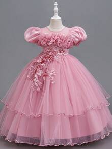 Young Girls Elegant Petal Sleeve Wedding Dress Princess Gown With Beaded Sequin 3D Floral Decor Fluffy Long Skirt, Suitable For Graduation Prom, Party Wear - Dusty Pink - View 6