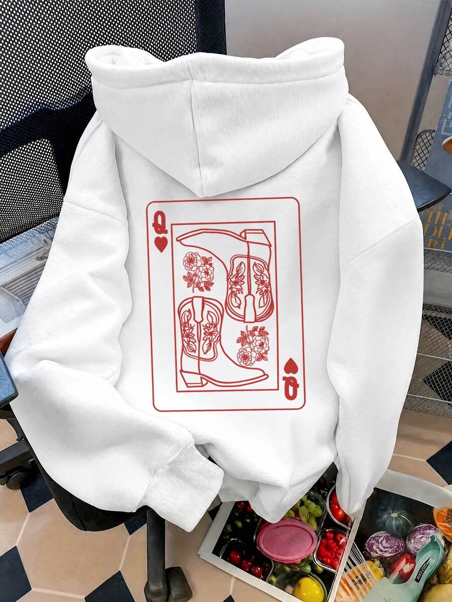 1pc Women's Western Cowboy Boots Pattern Loose Comfortable Hooded Sweatshirt, Vintage Red Heart Queen Pullover Pullover Sweatshirt White Casual Fall - White - View 1