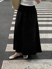 Women's Stretch Waist Poplin Long Flared Skirt - Black - View 2