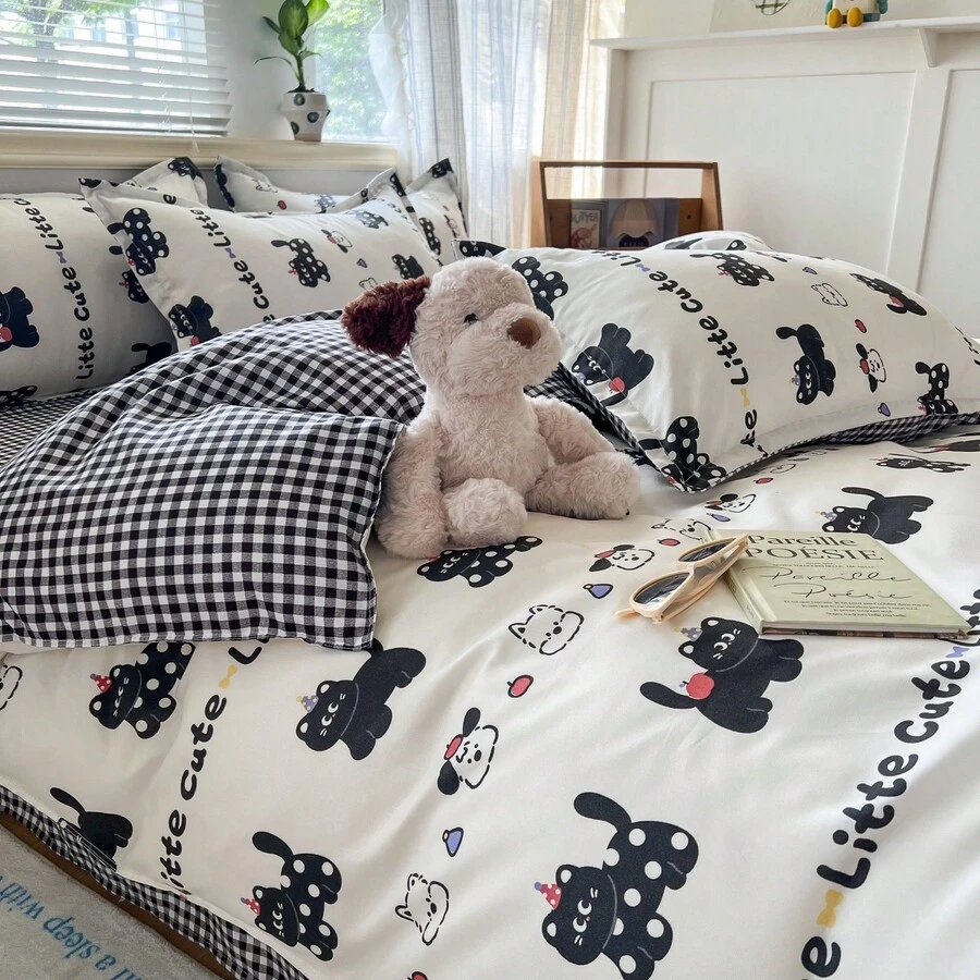 3/4 Piece Duvet Cover Set, Soft And Comfortable Bedroom Bedding, Cute Floral Cartoon Animal Pattern, Breathable Soft All-Season Bedding Set, Includes 1 Duvet Cover, 1 Bed Sheet, 1 Or 2 Pillowcases, No Filling, Suitable For Student Bed, Double Bed, Multiple Size Options - Black - View 1