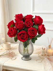 3/18pcs Velvet Rose Artificial Bridal Bouquet, Faux Floral Decoration, Artificial Roses, Suitable For Valentine's Day Gift, Wedding Party, Home Decor, Birthday Gift, Indoor And Outdoor Decoration, Vase Arrangement - Bright Red - View 10