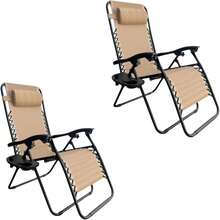 Dos Sillas, Color Beige, Reclinable de Gravedad Cero, Reposacabezas Cervical,Marco Duradero con Soporte Elástico, Ajuste de Ángulos, Doble Costura, con Portavasos y Cojin - Beis - Ver 1