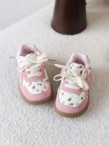 1 Pair Baby Girls' Retro Floral Soft Sole Casual Sneakers, Versatile Board Shoes - Pink - View 4