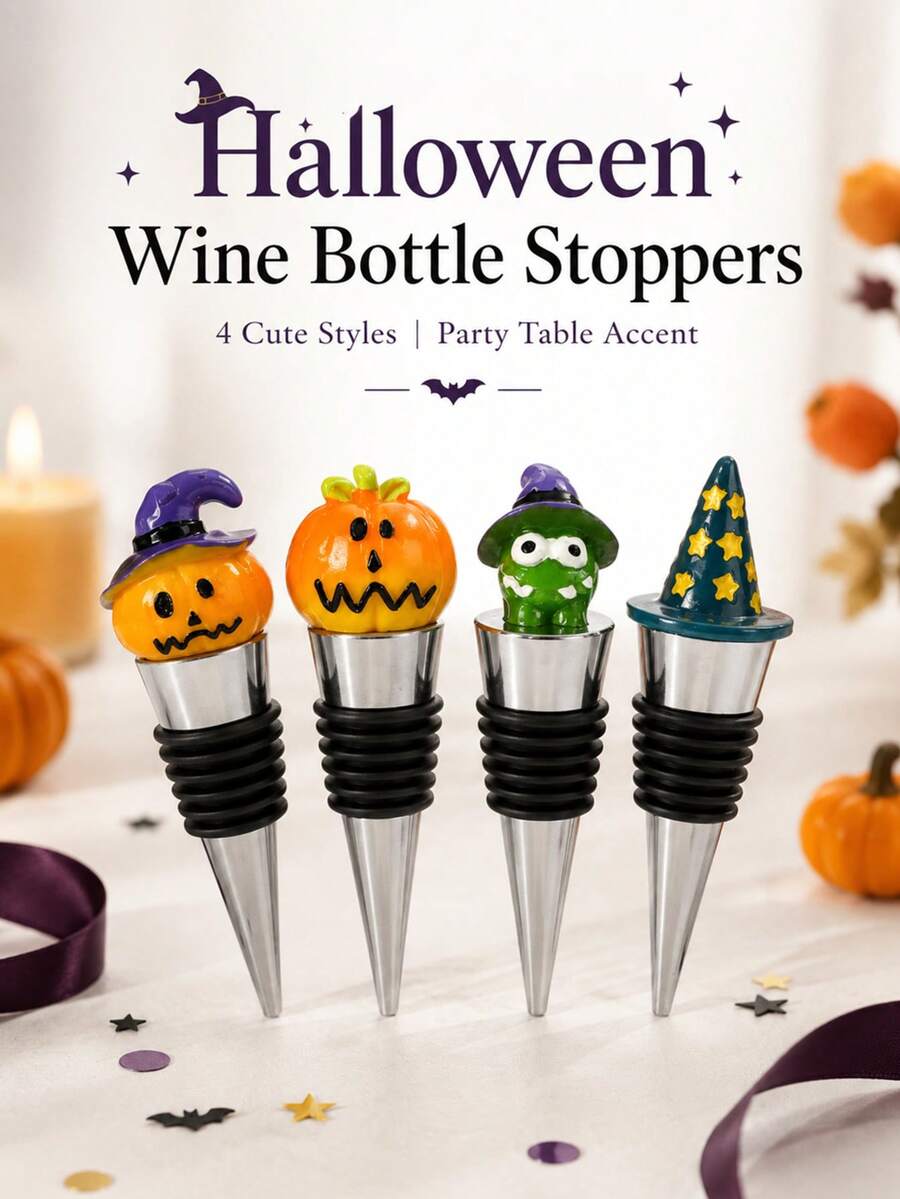 4pcs Halloween Wine Bottle Stopper Wizard Hat Pumpkin Sealer For Party Tables - Multicolor - View 1