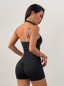 2pcs Polka Dot Halter Neck Backless Top + High Waist Hip-Hugging Shorts Fitness Yoga Set - Black - View 6