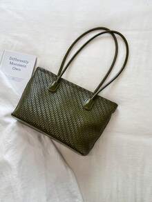 Women's Tote Shoulder Bag, Solid Color Polka Dot Bow Ribbon Decor, Large Capacity, Minimalist Elegant Style, Daily Commute Shopping Handbag - Green - View 8