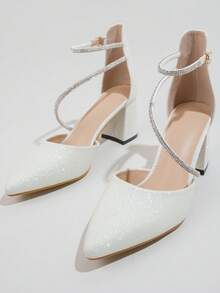 Pointed Toe Chunky High Heels With Rhinestone Strap Decor, Elegant And Sophisticated Style Suitable For Banquet And Party Wear, Fashionable Versatile Hollow Women's Shoes. Black High Heels, Red High Heels. - White - View 6