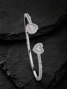 1/3pcs Women's Elegant Luxury Heart-Shaped Trapezoid Zirconia Layered Bracelet Set, Adjustable Heart Open Bangle, Full Row Trapezoid Diamond Tennis Bracelet, Halo Heart Diamond Chain, Jewelry For Women's Evening Party, Date, Birthday, Holiday - Bracelet Set C - View 5