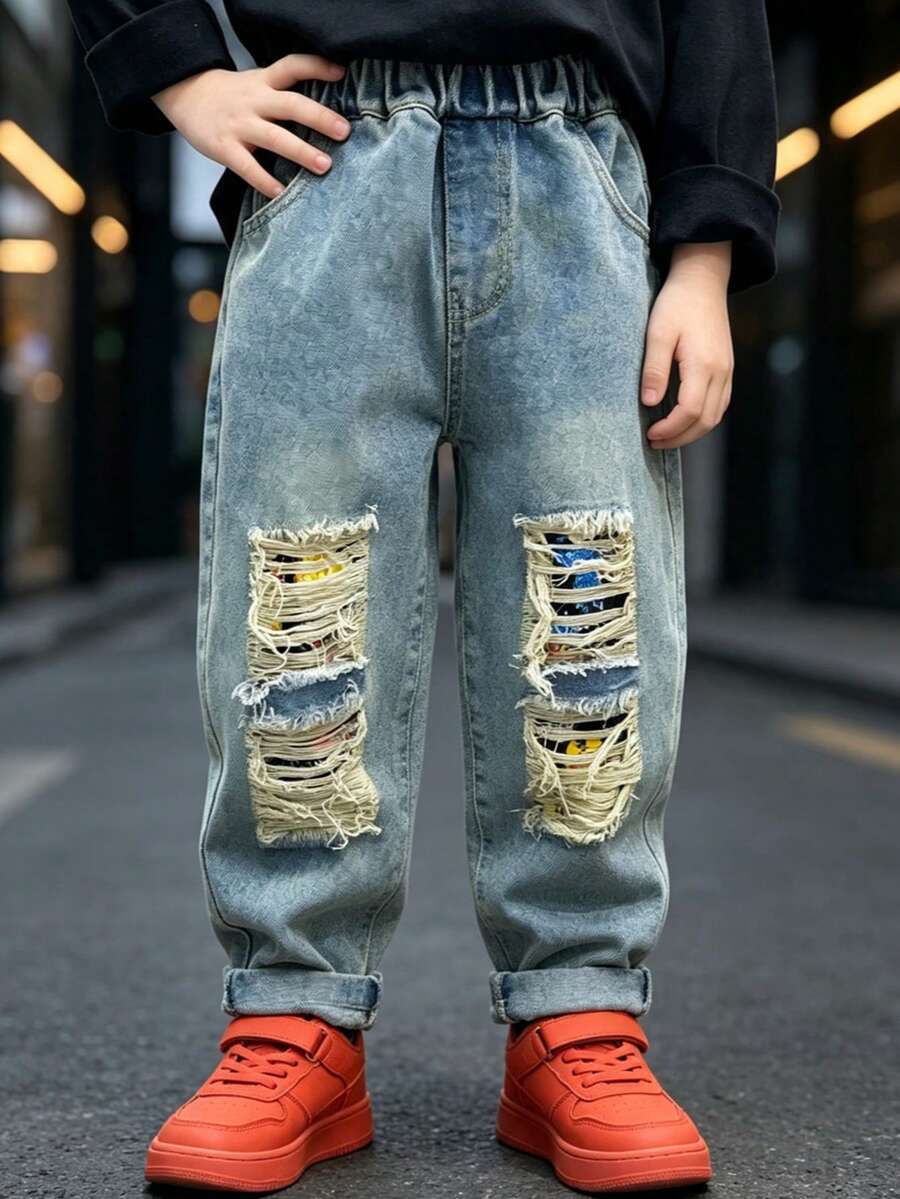 Celana Jeans Denim Model Rusak dengan Pinggang Elastis dan Saku untuk Anak Laki-Laki, Cocok untuk Pakaian Sehari-hari, Sekolah, Kasual, dan Aktivitas Luar Ruangan - Baby Blue - View 1
