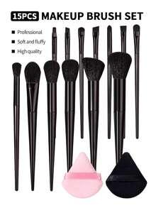 Premium 15-Piece Makeup Brush Set With Triangle Makeup Puff, Soft Brushes For Foundation, Contour, Loose Powder, Eyeshadow And Blush, Complete Beauty Tool Kit For Women - Black - View 2
