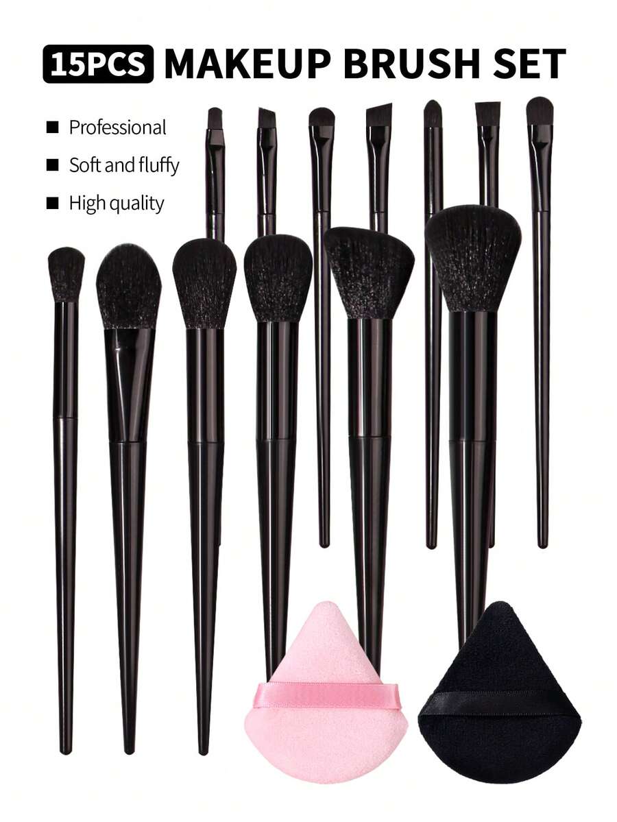 Premium 15-Piece Makeup Brush Set With Triangle Makeup Puff, Soft Brushes For Foundation, Contour, Loose Powder, Eyeshadow And Blush, Complete Beauty Tool Kit For Women