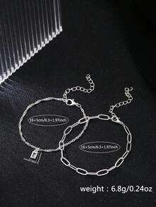 Pulsera delgada apilable de doble capa con colgante rectangular geométrico, accesorio de mano de estilo minimalista para el diario - Plateado - Ver 5